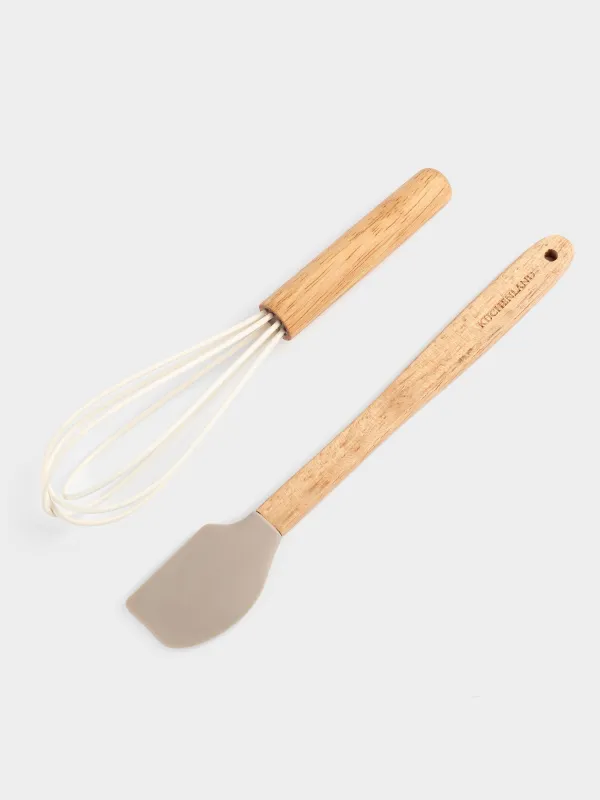 Kitchen accessories set, 2 items, spatula/whisk, silicone / wood, mix, Bakery wood, image-1
