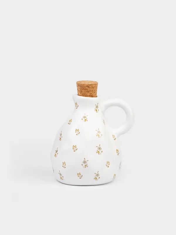 Oil or vinegar container, 350 ml, with handle, ceramic / cork, milky, Vintage flowers, La flore, image-0