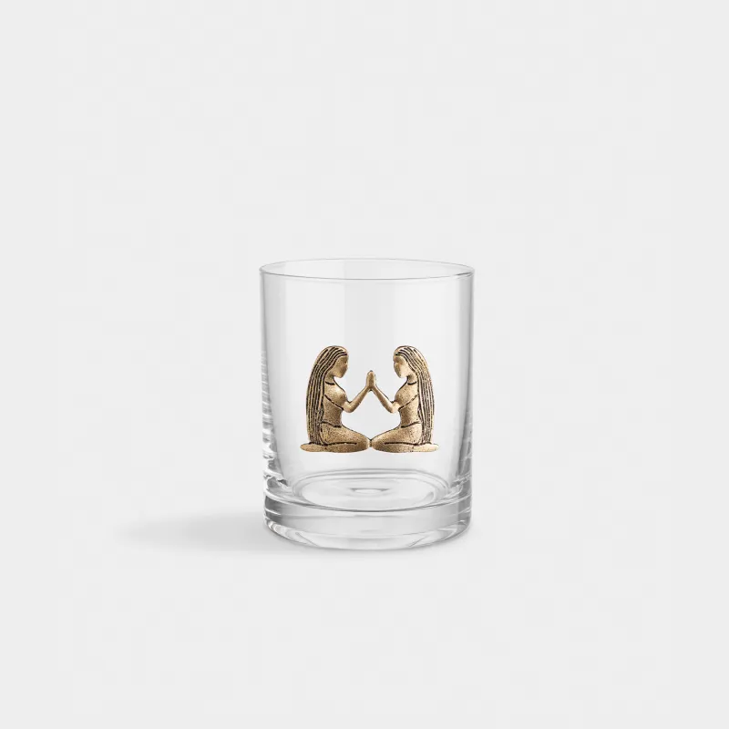 Drinking glass, 10 cm, 340 ml, glass/metal, golden, Gemini, Zodiac