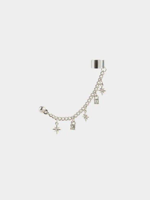 Cuff earring, single size, with pendant, Metal / Rhinestones, Stars, Mineral, image-0