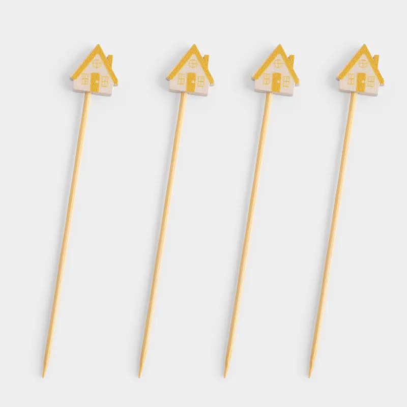 Canape skewers, 9 cm, 20 pcs, bamboo, white and gold, Snow-covered house, Elegant details