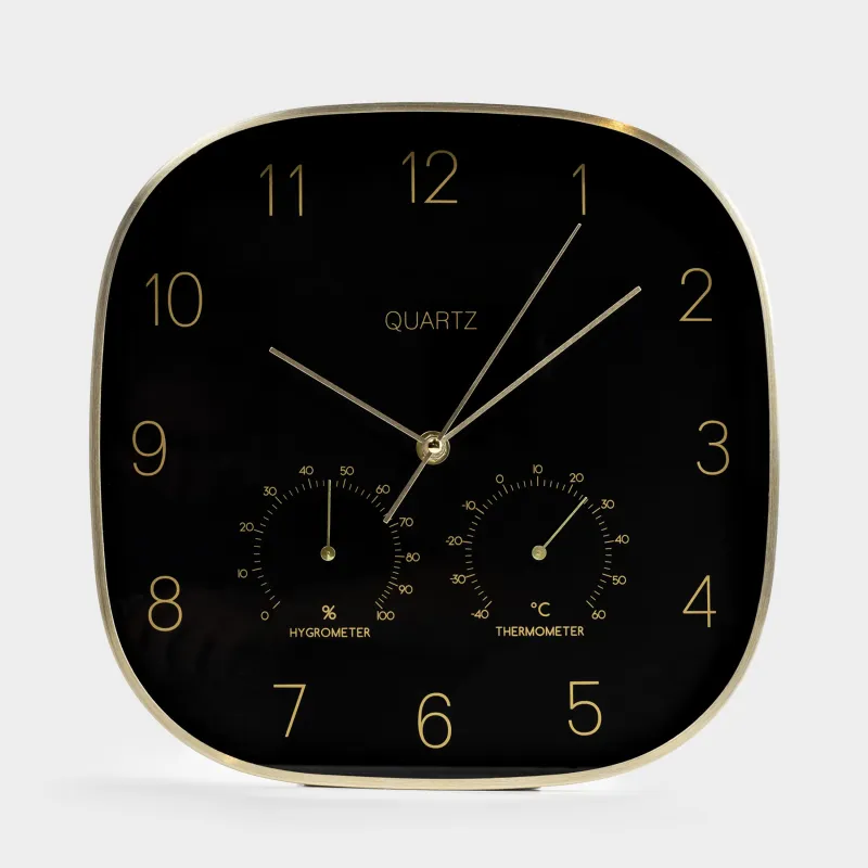 Wall clock, 30 cm, with thermometer and hygrometer, metal / glass, black, Dial