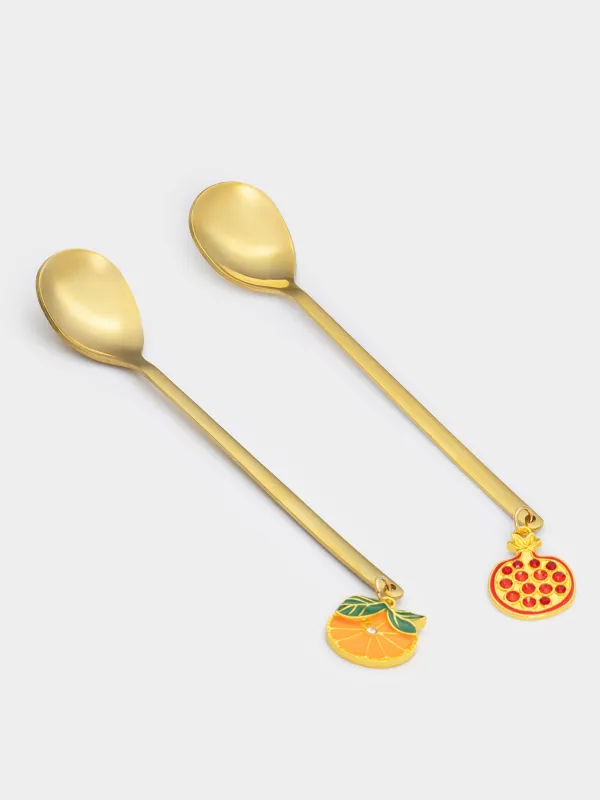 Dessert spoon, 14 cm, 2 pcs, steel, golden, Garnet and orange, Garnet gold, image-0