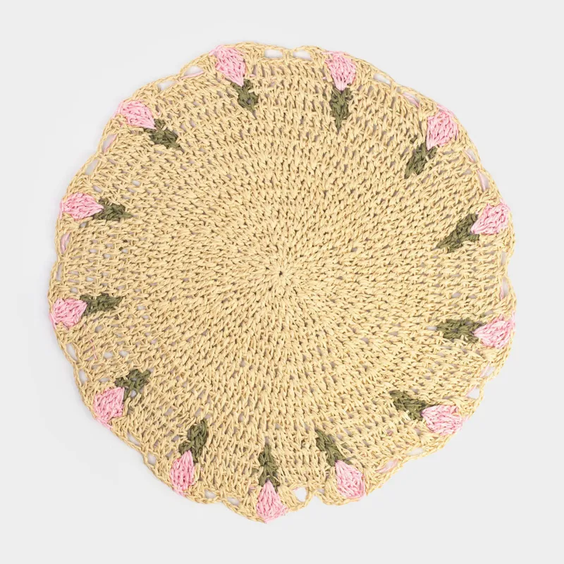 Placemat, 38 cm, cellulose, round, sand, Flowers, Braided