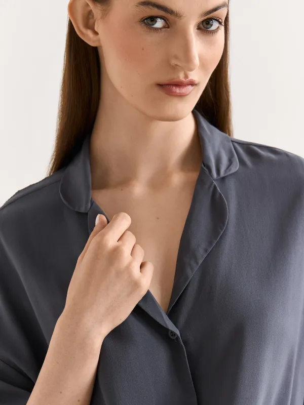 Women's shirt, homewear, size S, with short sleeves, viscose, milky, Flowers, Janice, image-2