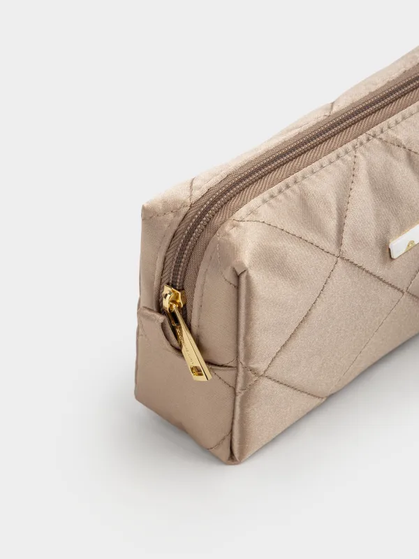 Makeup bag, 20x10 cm, quilted, satin, beige, Quilted silk, image-2