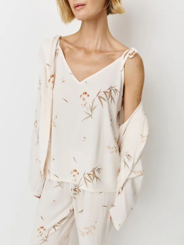 Women's top, homewear, size L, straps, viscose, milky, Flowers, Norla, image-2