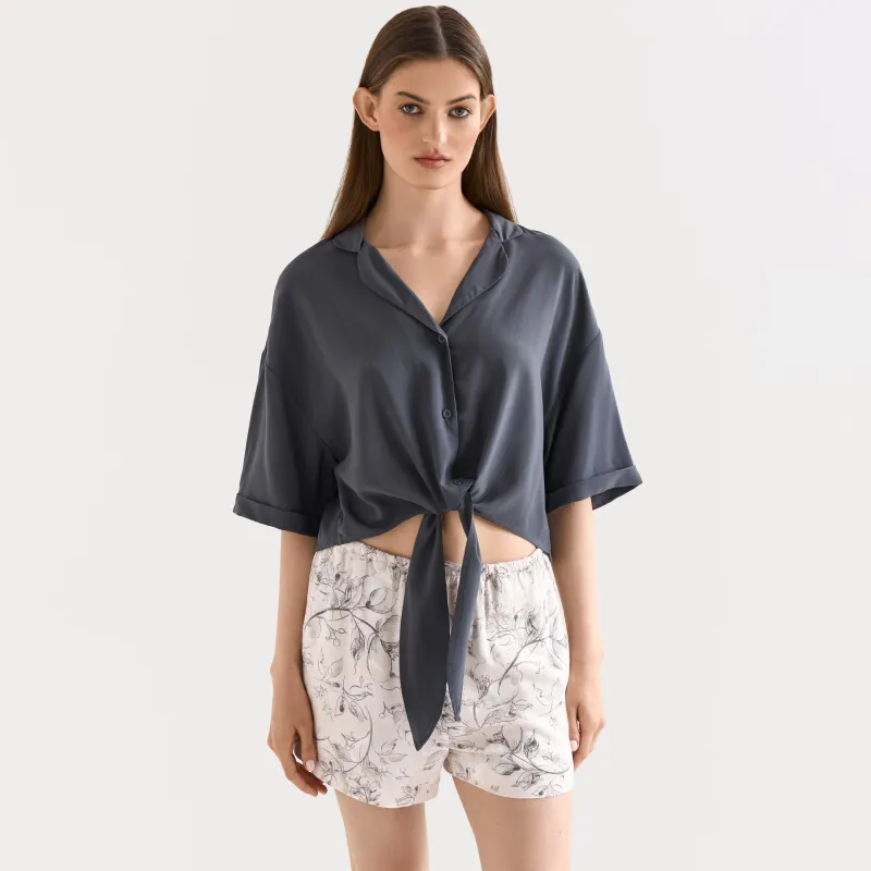 Women's shirt, homewear, size L, with short sleeves, viscose, milky, Flowers, Janice