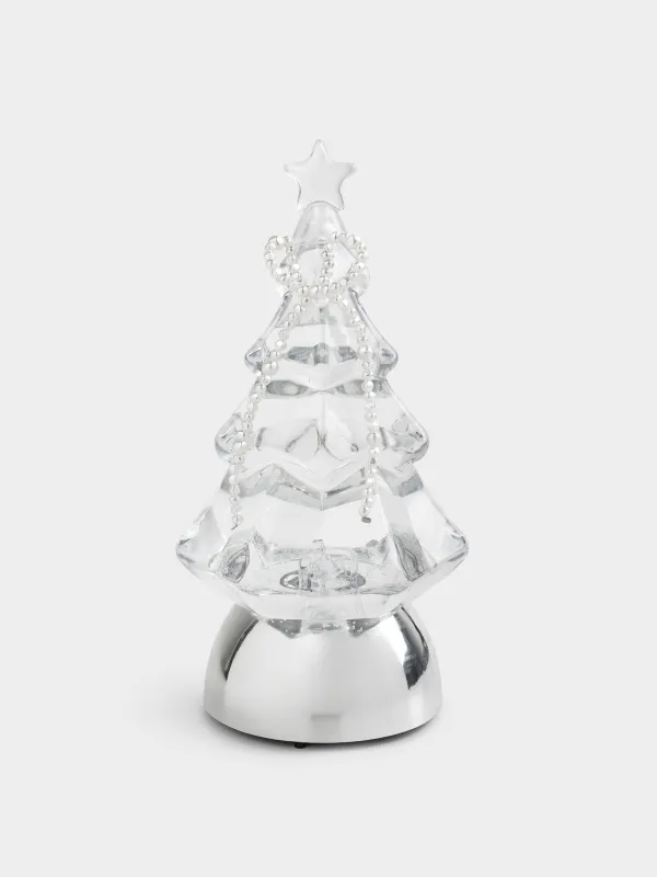 Snow lantern, 21 cm, illuminated, plastic, silver, Christmas tree with bow, Silver style, image-0