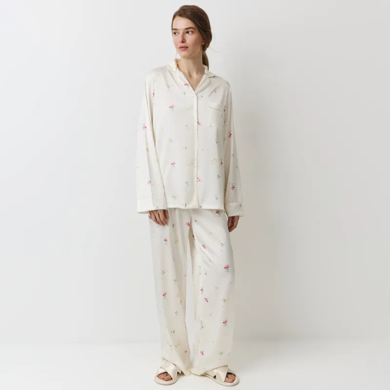 Women's trousers, homewear, size L, polyester, milky, Flowers, Sevilla