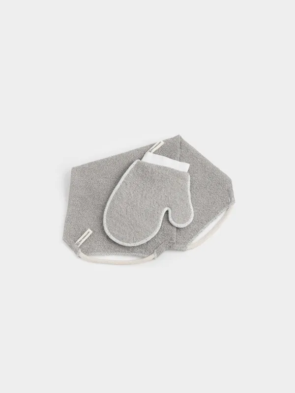 Shower set, 2 items, washcloth-tape/wash-mitt, nylon / cotton, grey, Unique spa, image-3