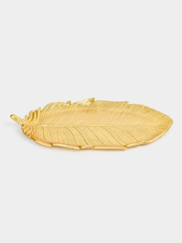 Decorative dish, 36x17 cm, polyresin, golden, Feather, Feather, image-1