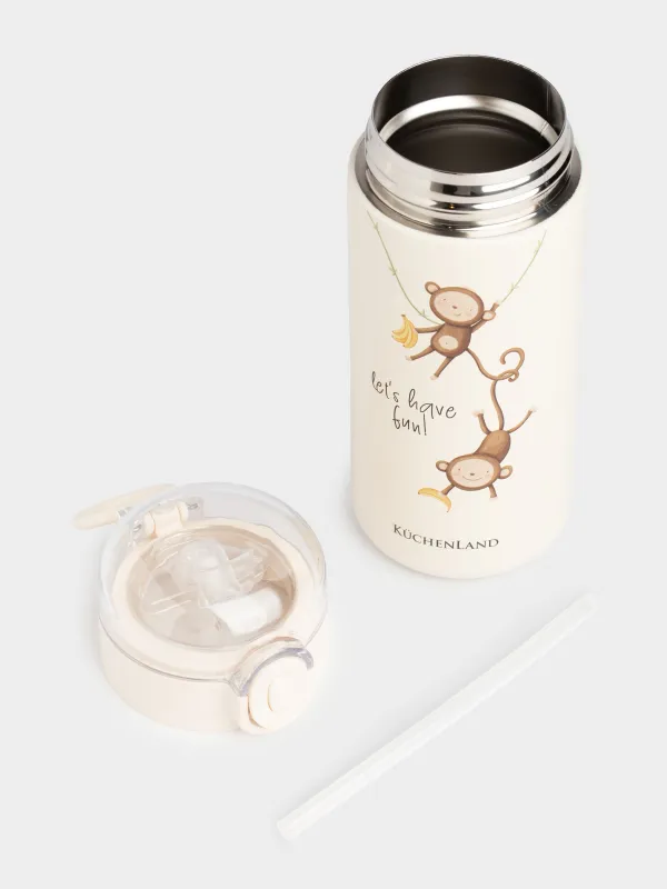 Children's thermos flask, 320 ml, with tube, steel / plastic, beige, DESIGN, Cute vessel, image-3