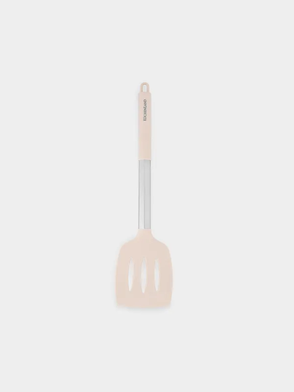 Spatula, 34 cm, with slits, silicone / steel, grey-beige, Metallic, image-0