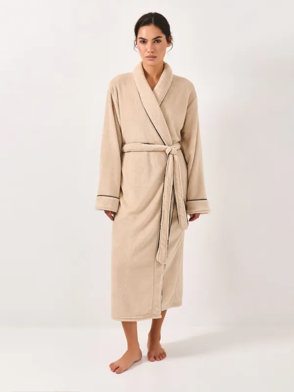 Women's robe, homewear, size L / XL, with long sleeves, fleece, beige, Black edging, Jack, image-0