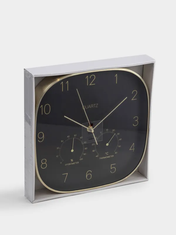 Wall clock, 30 cm, with thermometer and hygrometer, metal / glass, black, Dial, image-5