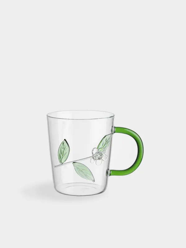 Mug, 380 ml, glass B, Green handle, Flowers, Bloome, image-0