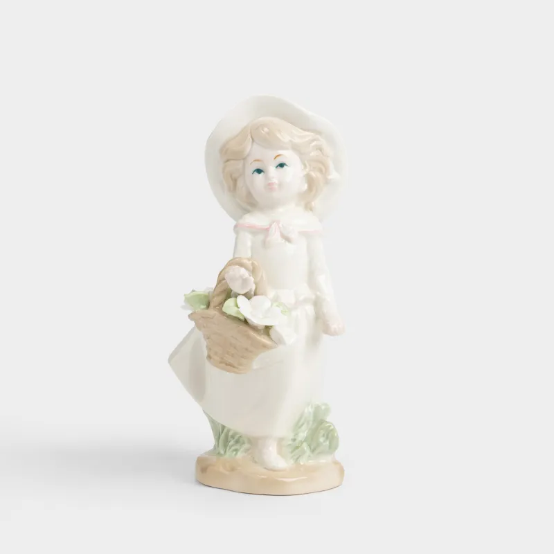 Statuette, 18 cm, porcelain P, milky, Girl with flowers, Girl figurine