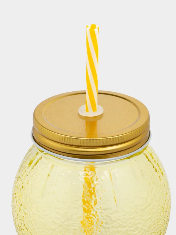Beverage can, 450 ml, with lid and straw, glass / metal, yellow, Summer drink, image-4