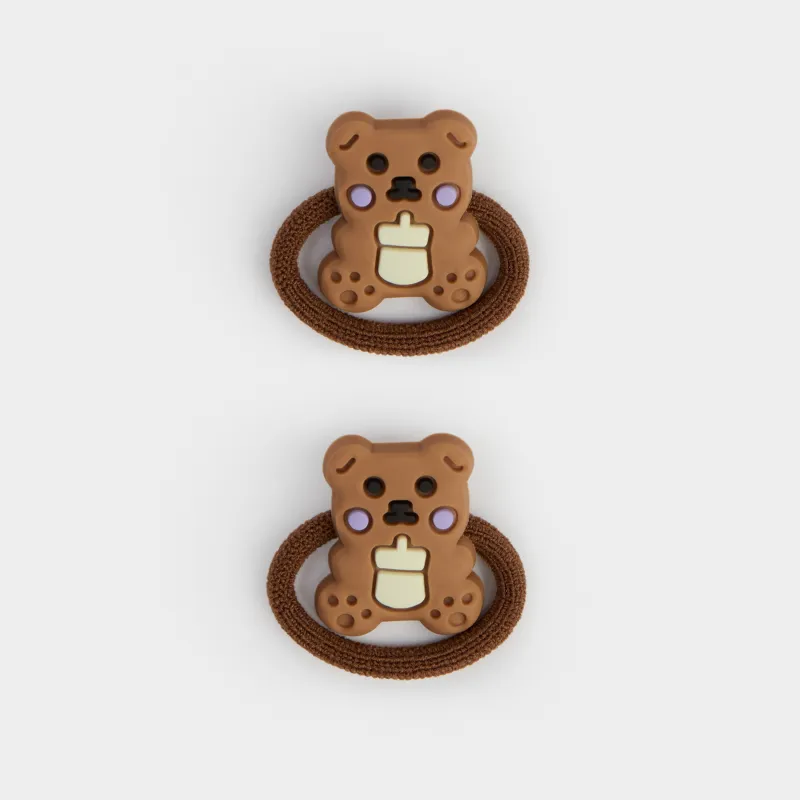Hair tie, 3 cm, 2 pcs, for children, plastic / polyester, brown, Bear, Gracile