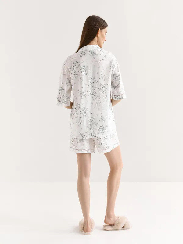 Women's shirt, homewear, size S, with short sleeves, viscose, milky, Flowers, Arsinoa, image-4