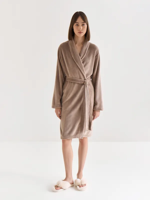 Women's robe, homewear, size S/M, Long sleeve, polyester, mocha, Drew, image-0