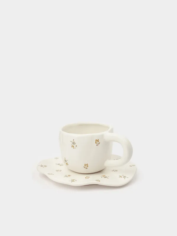 Tea pair, 1 person, 2 items, 460 ml, ceramics, milky, Vintage flowers, La flore, image-1