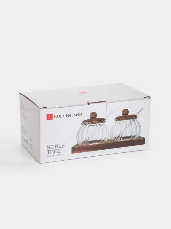 Jam bowl, 300 ml, 2 pcs, with spoon, on stand, glass / wood, Noble tree, image-5