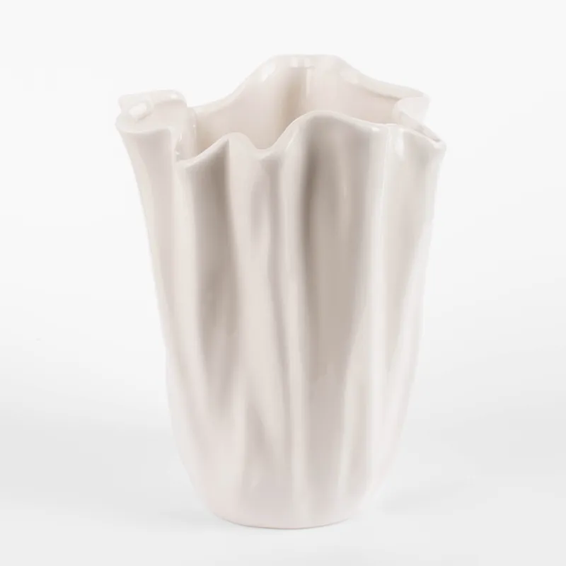 Flower vase, 25 cm, ceramic, milky, Crumpled effect, Crumple