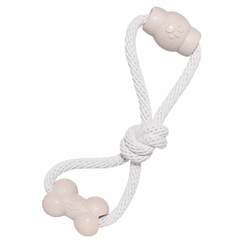 Dog toy, 28 cm, rubber / cotton, Beige, Bone and barrel on rope, Playful pet, image-0