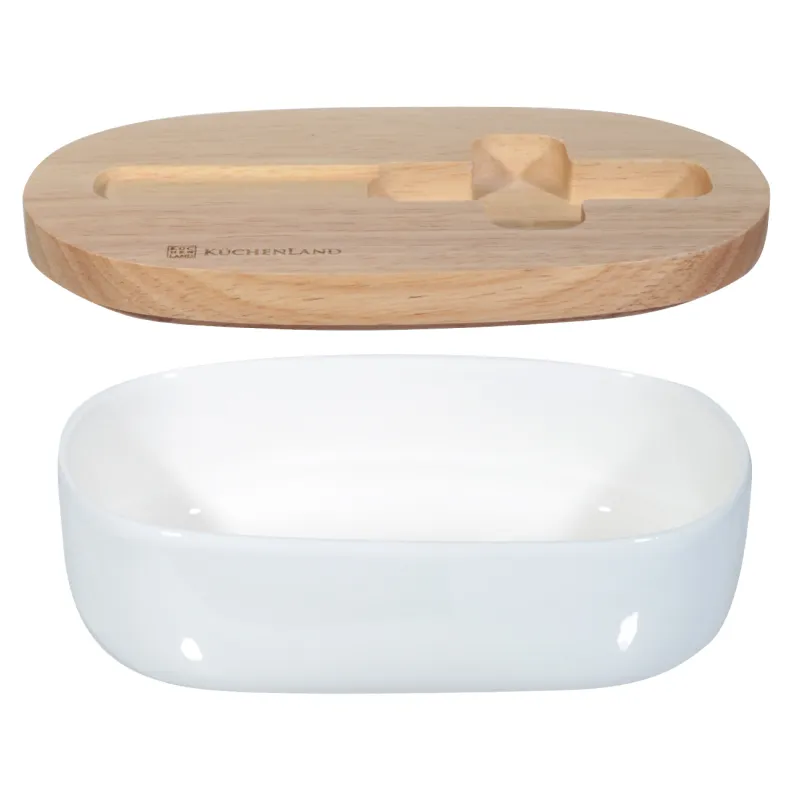 Butter dish, 15 cm, with knife, porcelain N / wood, oval, Light kitchen, image-2