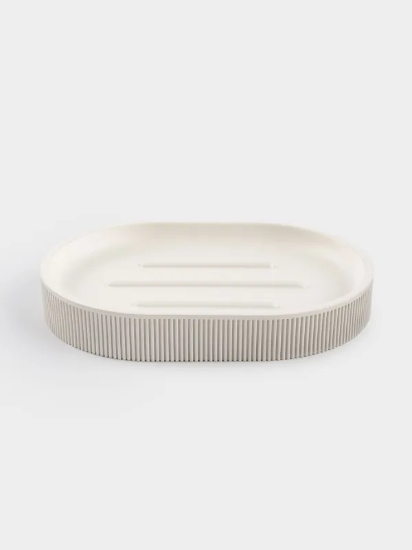 Soap dish, 13x10 cm, polyresin, oval, milky, White stripes, image-0