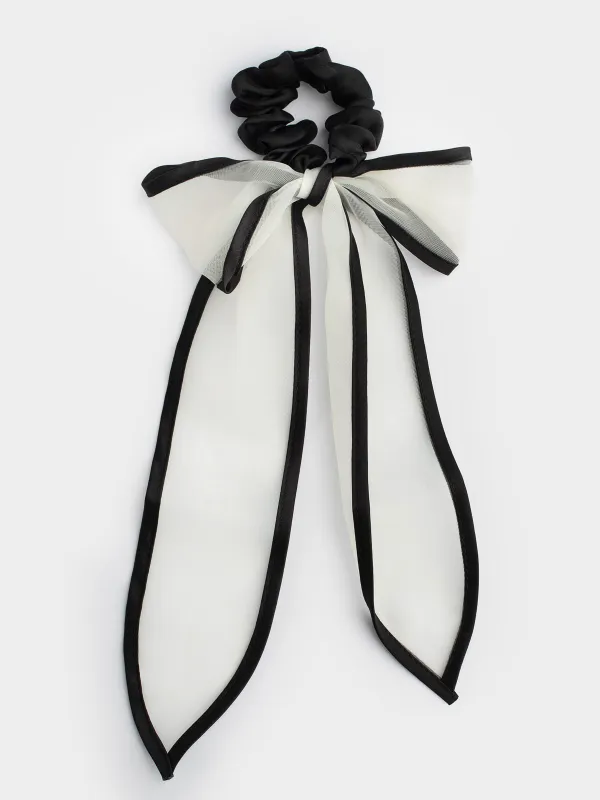 Elastic band for hair, 29 cm, with bow, polyester, beige-black, Hairstyle, image-0