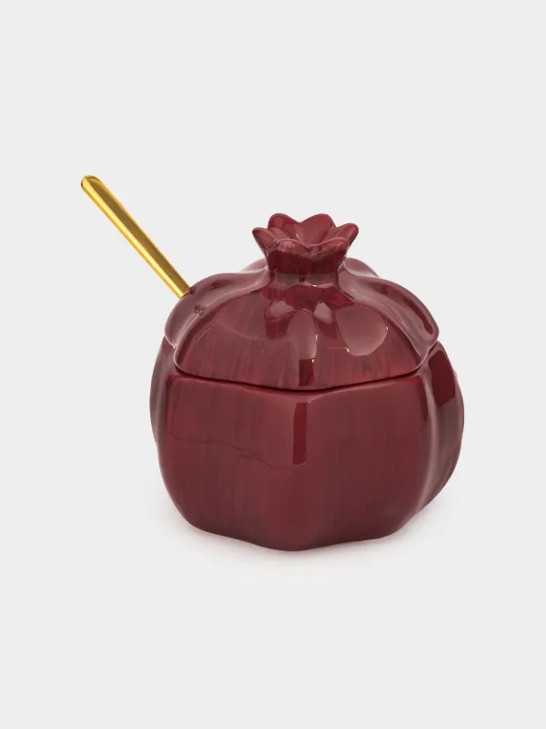 Sugar bowl, 9 cm, 200 ml, with spoon, ceramic / steel, Burgundy, Pomegranate, Pomegranate, image-4