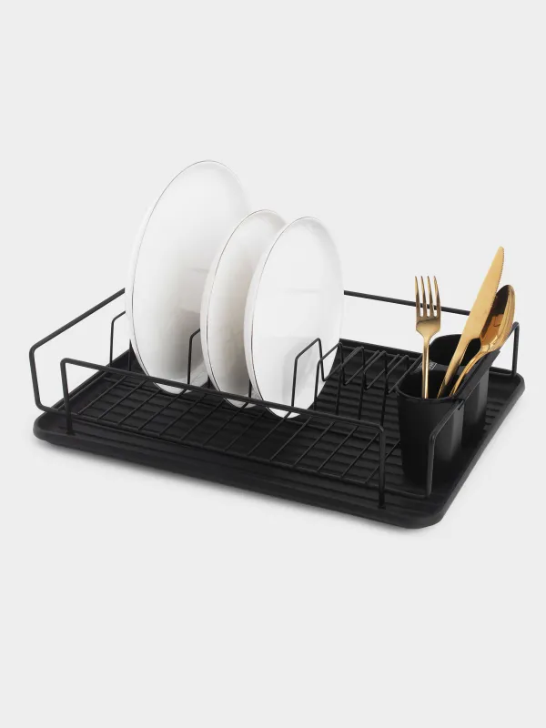 Dish rack, 42x27 cm, with tray, plastic / metal, black, Black style, image-6