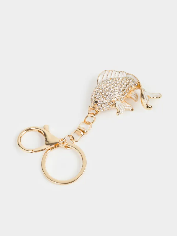 Keychain, 12 cm, metal / rhinestones, gold, Fish, Keychain crystal, image-1