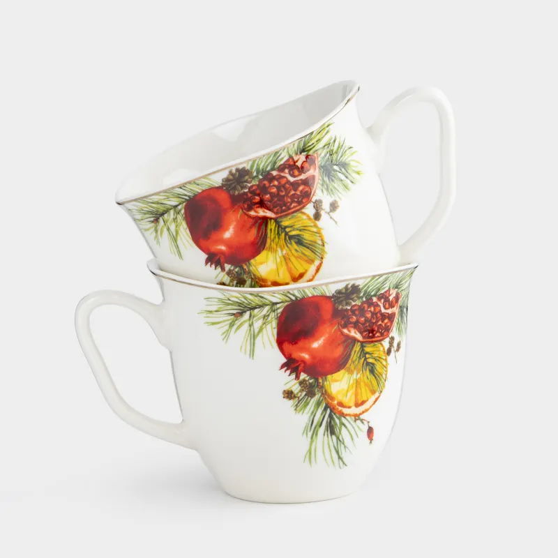 Mug, 320 ml, 2 pcs, porcelain N, white, with golden edging, Pomegranates and orange, Christmas miracle