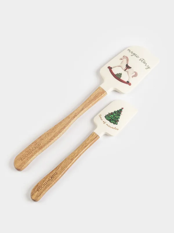 Spatula, 2 pcs, silicone / wood, white, Pomegranates and oranges, Christmas miracle, image-1