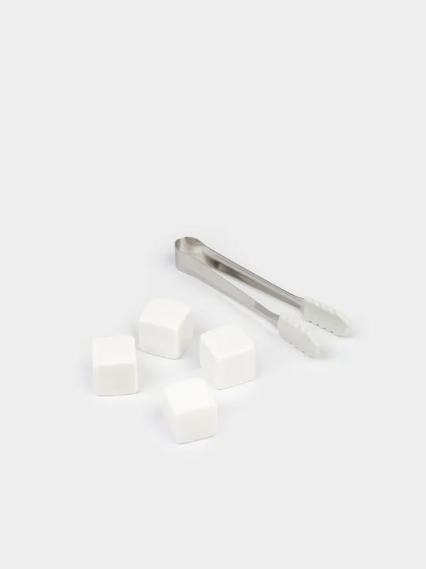 Set of cubes for cooling drinks, 5 items, with tongs, in a box, marble / steel, Marble, image-0