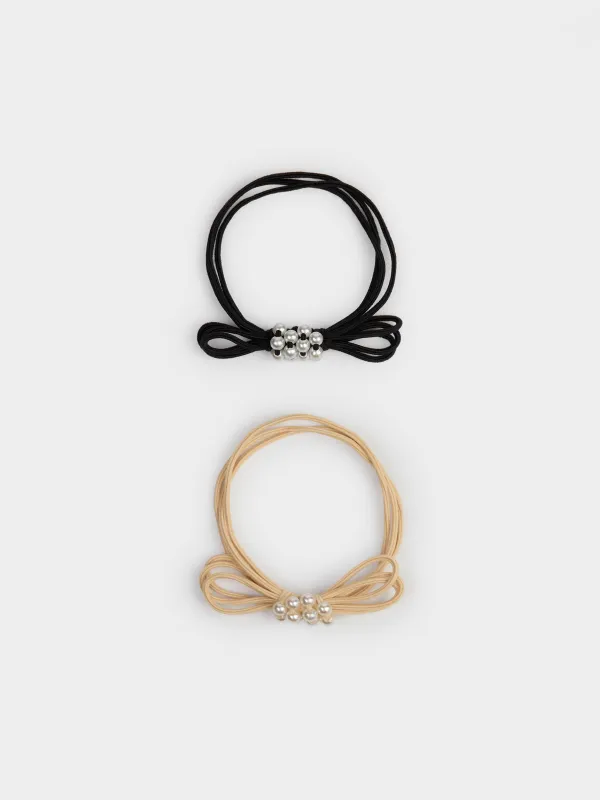 Hair tie set, 5 cm, 2 pcs, plastic / polyester, Black / Beige, Gracile, image-0