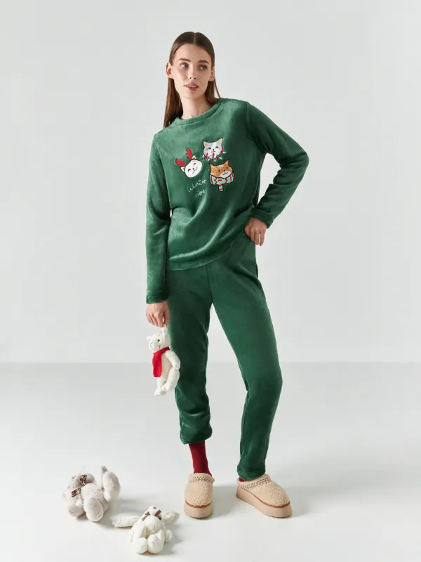 Women's two piece set, homewear, size S, with trousers, fleece, green, Cats, Amber, image-0