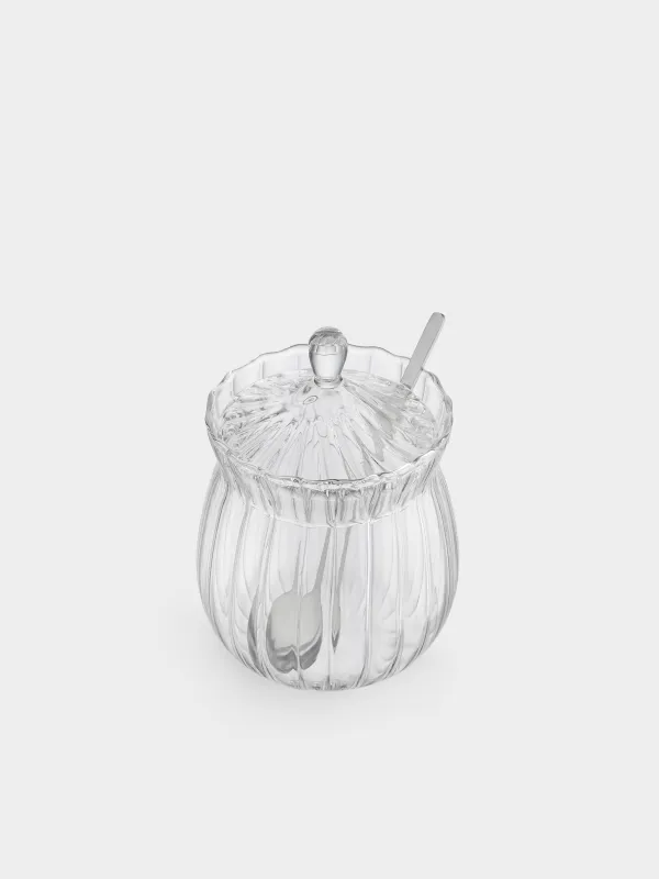 Sugar bowl, 12 cm, 350 ml, with spoon, glass R / steel, Camellia, image-2