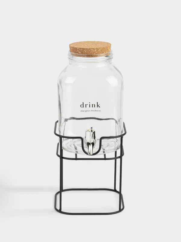 Beverage dispenser, 3 L, on a stand, Glass / cork / metal, Clear font, image-0