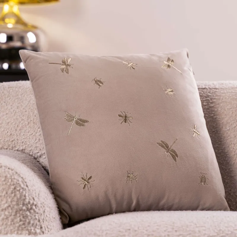 Decorative pillow, 45x45 cm, corduroy, light beige, Dragonflies and beetles, Bugs