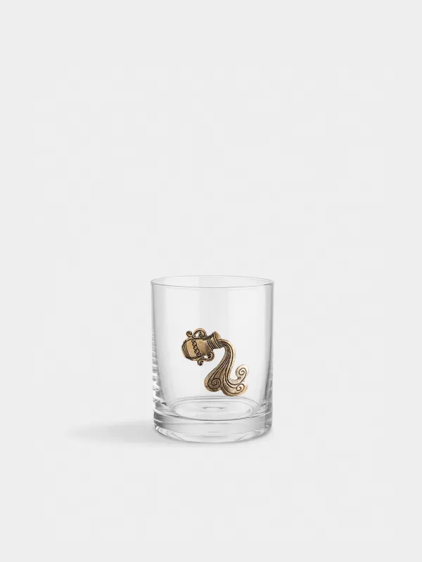Drinking glass, 10 cm, 340 ml, glass/metal, golden, Aquarius, Zodiac, image-0