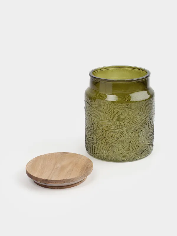 Bulk products jar, 1 l, glass / wood, green, Tropical leaves, Tropical leaves, image-4