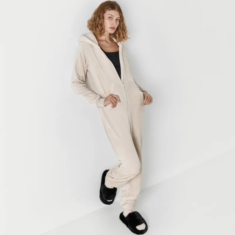 Women's jumpsuit, homewear, size M, with a hood, fleece, grey, Cat, Annie