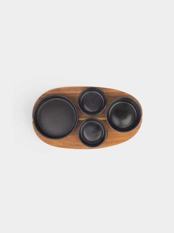 Snack set, 4 pcs, on a stand, ceramic / wood, black, Round bowls, Loft, image-5