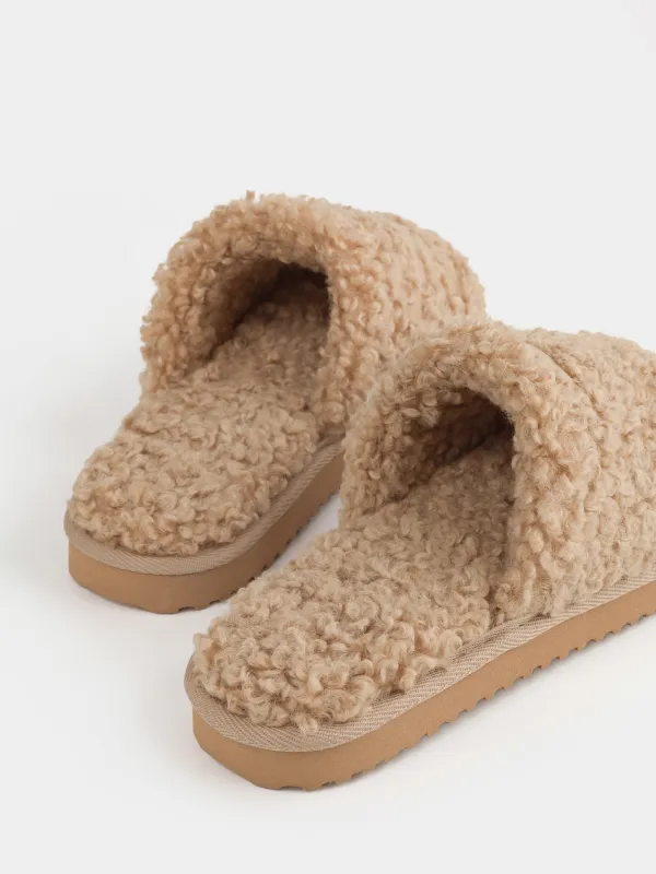 Women's slippers, homewear, size 36-37, plush, brown, Curled, image-4