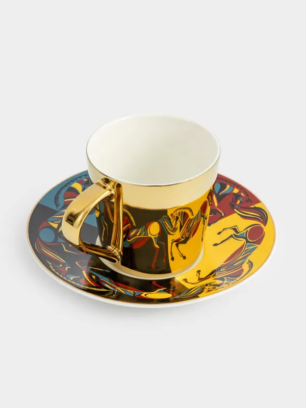 Tea pair, 1 person, 2 items, 300 ml, porcelain P, golden, Horses, Horse art, image-1